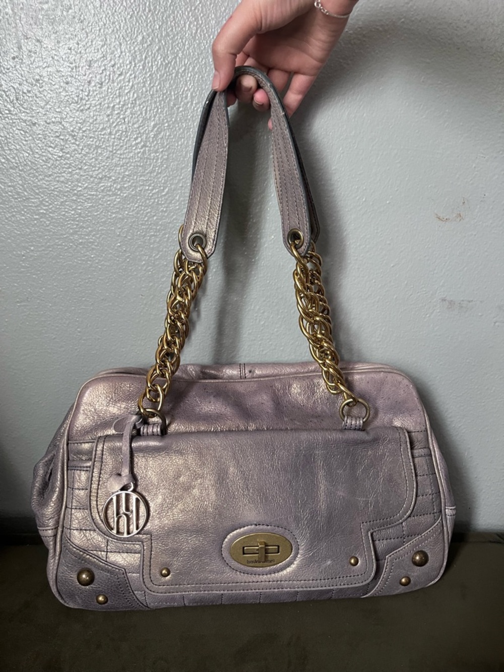 Hayden-Harnett Metallic Shoulder Bag with Gold Chain Straps